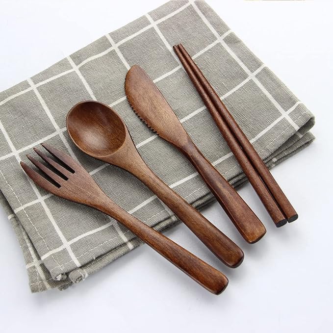 Portable Wooden Cutlery Set for Travel and Camping - 4 Piece Set With Reusable Wooden Spoon, Fork, Knife and Chopsticks
