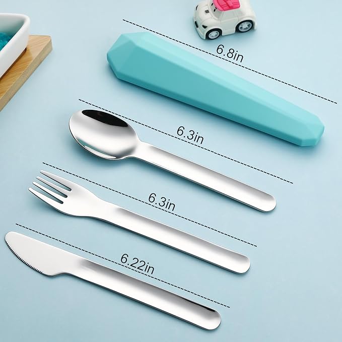 Utensils for Lunch Box Accessories, DEVICO Travel Silverware Set with Case, Camping Flatware Include 18/8 Stainless Steel Knife Fork and Spoon Set, Reusable Portable Cutlery Set for School (Teal)