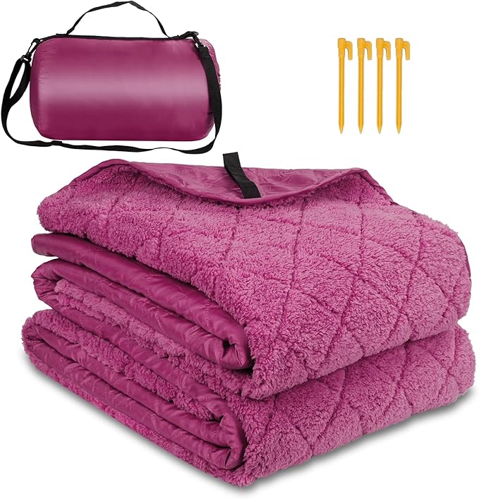 Waterproof Camping Blanket w/Sherpa Lining, Large Stadium Blankets for Outdoor Cold Weather, Windproof Emergency Throw, LightWeight and Warm for Hiking, Dog, Picnic, Washable, 67”X 87” (Purple, 1PCS)