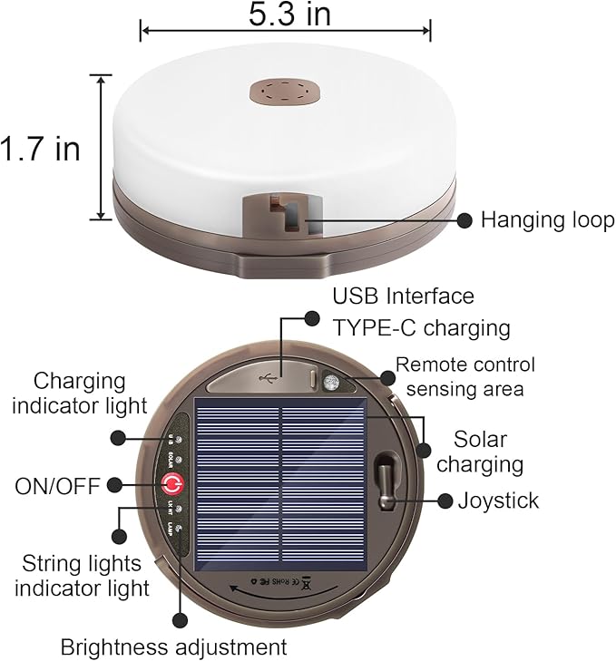Camping String Light 4 in 1 Retractable 42ft Solar /USB Rechargeable 3600mAh Waterproof Hanging Outdoor Camping Lantern with 8 Lighting Modes, Portable Tent Lights for Hiking, Yard, RV (Warm Light)
