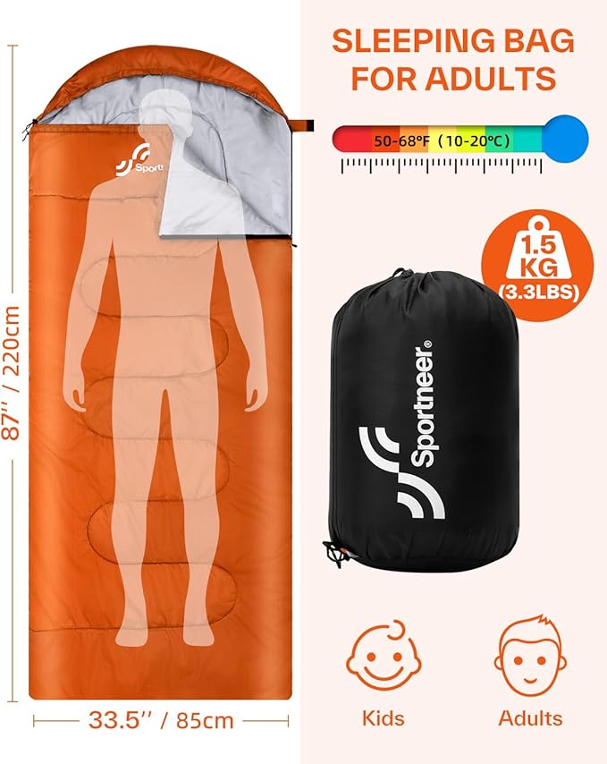 Sportneer Sleeping Bag, 3 Seasons Warm Cold Weather Sleeping Bags for Adults Kids Boys Girls with Compression Sack- Lightweight Camping Essentials Gear Accessories, Backpacking, Hiking