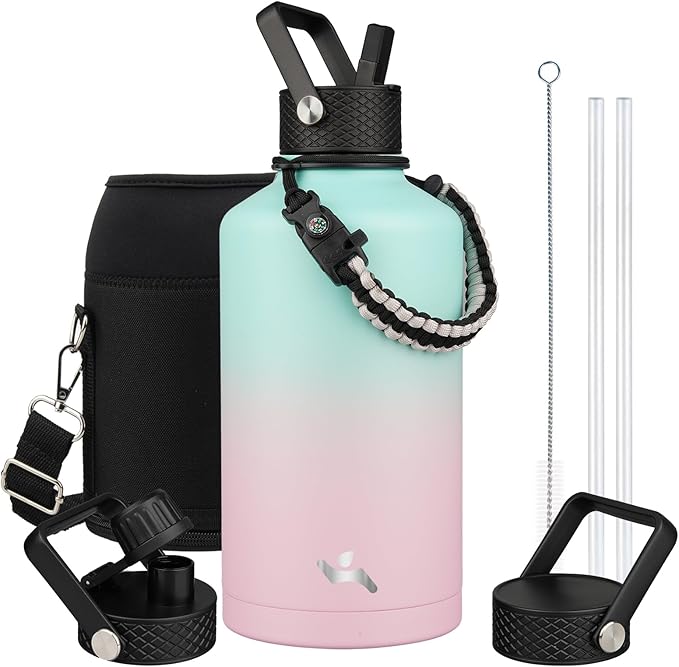 Konokyo Insulated Water Bottle with Straw,87 oz 3 Lids Water Jug with Carrying Bag,Paracord Handle,Double Wall Vacuum Stainless Steel Metal Flask,Gum
