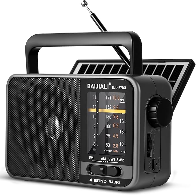 Solar-Powered Portable Radio, AM/FM/SW Radio with Loud Speaker, Built-in Rechargeable Battery and USB-C - Emergency Radio for Outdoor, Camping, Travel, Storms and Power Outages (Model BJL-671-Solar)