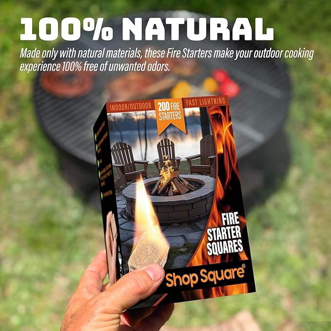 Fire Starter Squares (200 Pack) - Fire Starters for Fireplace, Grill, BBQ, Camping, Wood Stove and Bonfire Accessories - Odorless & Water Resistant