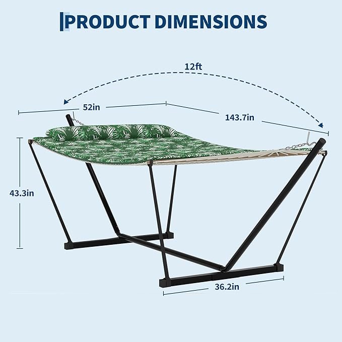 Garvee 2 Person Portable Double Hammock for Outdoor with Pillow, Heavy Duty Portable Hammock with Adjustable Steel Stand for Patio, Garden, Beach, Backyard
