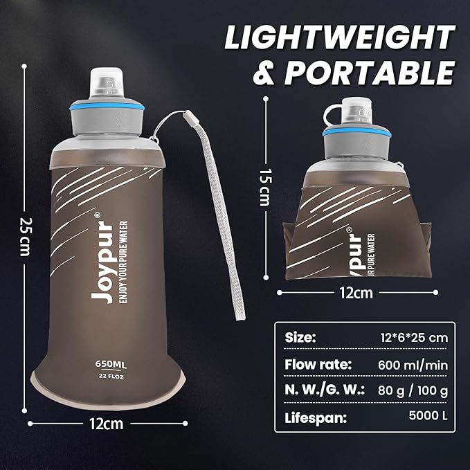 Water Filter Survival - Collapsible Water Bottle with Filter 0.01 Micron Squeeze Filtered Water Bottle 22oz for Hiking Backpacking Camping BPA-Free(Grey 650ml)