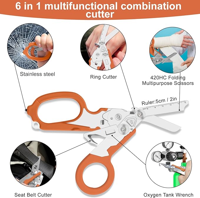 6-in-1 trauma shears - emergency responders, outdoor emergencies, medical staff, and outdoor camping, Gift box packaging with scissors storage K sheaths (Orange)