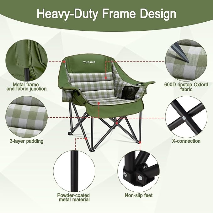Youtanic Padded Camping Chairs for Adults, Heavy Duty 400 lbs Foldable Lawn Chair, Oversized Ergonomic Outdoor Seat with Classic Plaid Design, Cup Holders & Storage Pockets for Fishing, Sports, Green