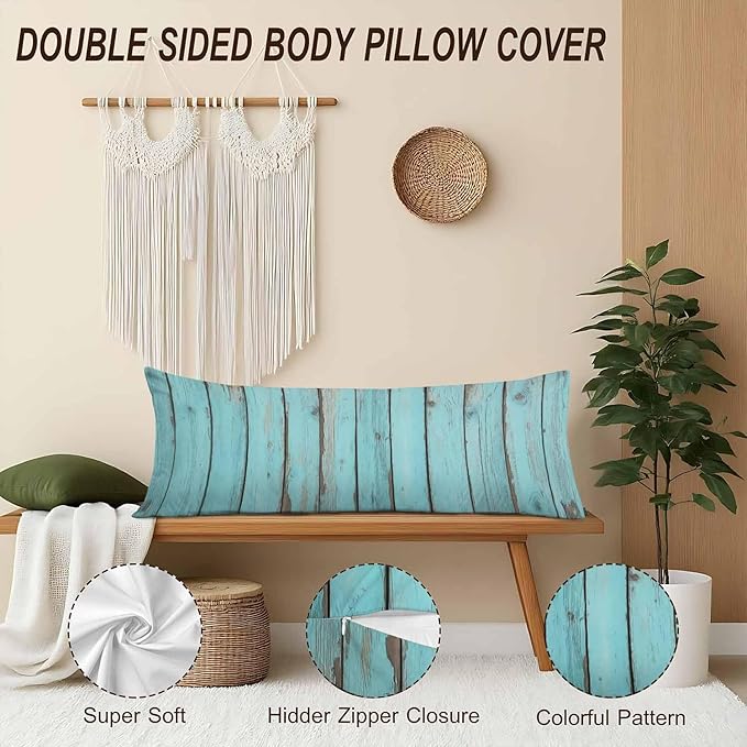 Blue Wood Body Pillow Pillowcase Turquoise Wooden Teal Farmhouse Body Pillow Cushion Covers, 20x54 Inch Bedding Body Pillows Protector Large Pillow Cases for Home Couch Sofa