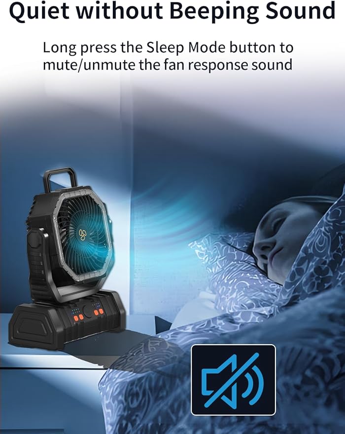 Battery Operated Fan Portable Battery Powered Outdoor Camping Tent Fan with LED Lantern Light 20000mAh Rechargeable, Oscillating, 360° Rotating Hanging Hook, Cordless USB Desk Fan(Black)