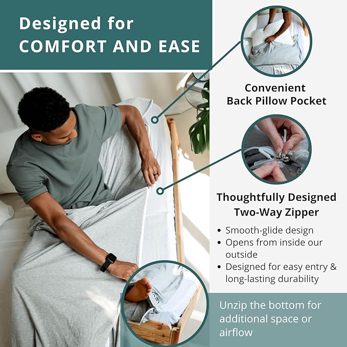 Soft Cotton Sleeping Bag Liner – 100% Organic Jersey Cotton Travel Sheet with Full Zipper, Lightweight Camping Sheet for Hotel & Travel, Single or Double Convertible Stretchy Sleep Sack for Adults