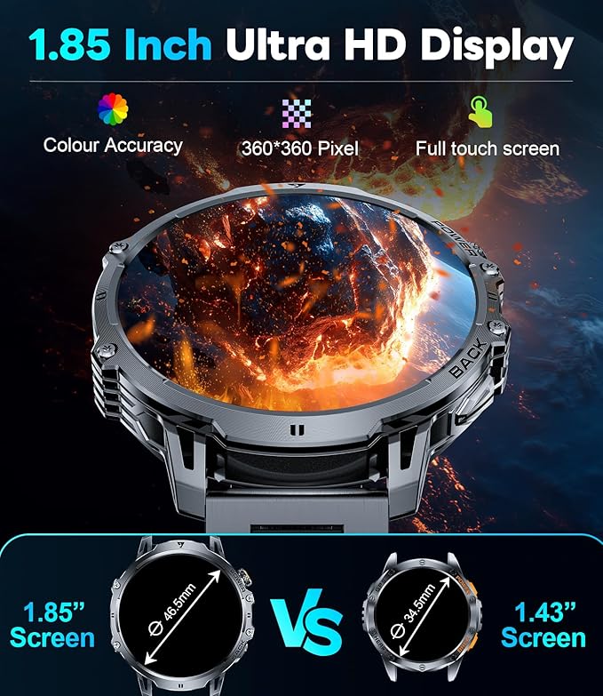 Military Smart Watch for Men, 1.85" HD Large Screen, Bluetooth Call/1000mAh/Flashlight/Heart Rate Sleep Monitor, 110+ Sports Modes Fitness Tracker Watch for Android iOS, Holiday, Black Steel