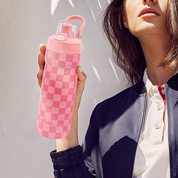 Kids Water Bottle with Straw 18 oz - Stainless Steel Insulated Tumbler for Gym & Bike (Fits Holders) - Leak Proof Pop-Up Lid, 2-in-1 Sip or Chug, Handle & Cute Pink Checkered Print