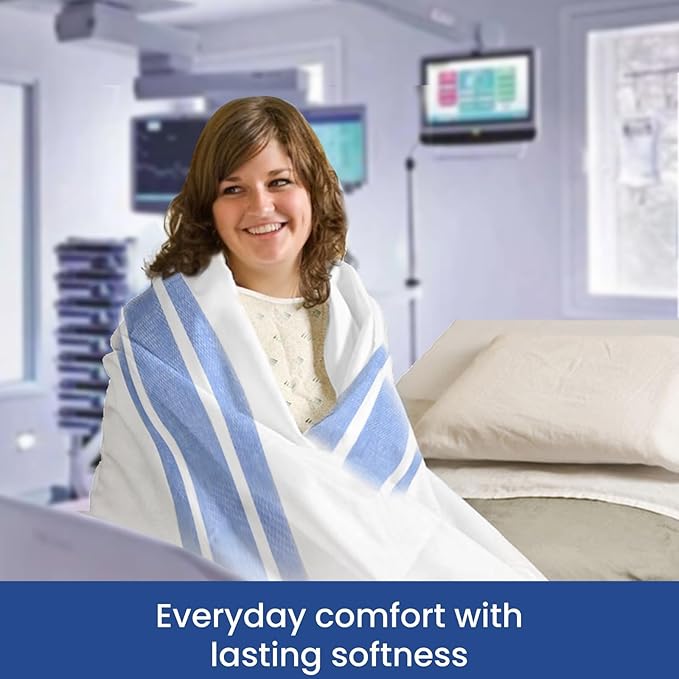 Linteum Textile Cotton Blended Hospital Patient Bath Blanket, Bed Bath Sheet, Twin Blanket Lightweight Sheet Blankets (24-Pack, 70x90 in, 1.75 lb.) White with Blue Stripes