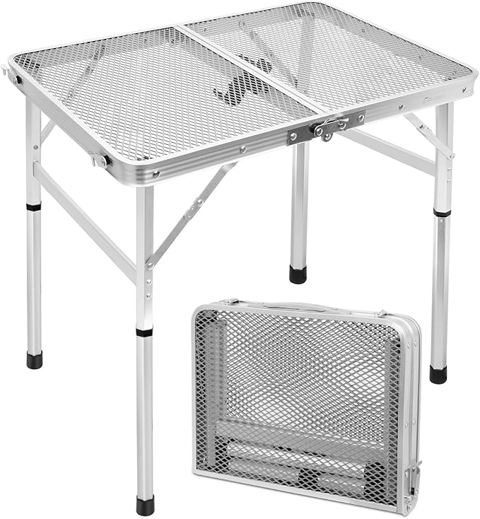Small 2ft Folding Table with Carry Handle, Adjustable Height 10.6" or 22", Silver Metal Mesh, Portable & Compact Indoor/Apartment/Card/Side/Grill Table, 23.6"Lx15.8"W, Lightweight 4 lb, 66 lb Capacity