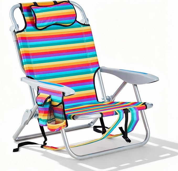 Portable Beach Chair for Adults, Outdoor Camping Chair Lay Flat Folding Backpack Beach Reclining Chair with 5 Positions, Headrest, Cup Holder, Heavy Rainbow Striped