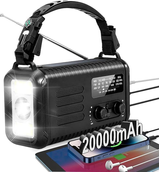Emergency Hand Crank Radio, NOAA Weather Radio, 20000mAh Rechargeable Solar AM/FM Radio, Portable USB-C Fast Charger, Flashlight, Reading Lamp SOS Alarm for Hurricane Storm Camping Hiking (Black)