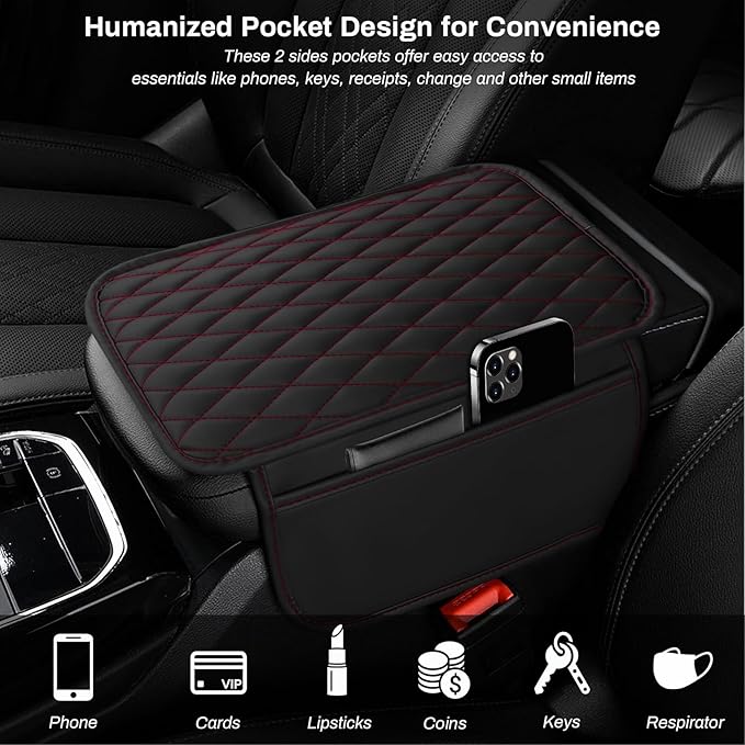 Ouzorp Car Center Console Cover, Upgraded Microfiber Leather Car Arm Rest Cover with 2 Storage Bags, Universal Armrest Cover for Car Storage Box Protector for Most Vehicle-Black with red line