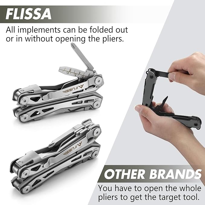 FLISSA 16-in-1 Stainless Steel Multi Tool, Gifts for Men, EDC Multitool with Pocket Knife, Pliers, Belt Clip and Oxford Sheath, Self-locking Utility Multi-Tool for Camping Survival Outdoor