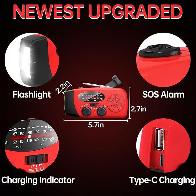Solar Hand Crank Emergency Weather Radio,NOAA/AM/FM Portable Radio with 3 LED Flashlight 2000mAh Power Bank Cellphone Charger