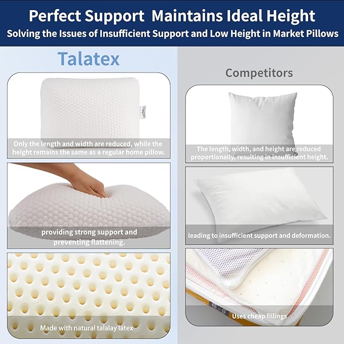 Talatex 100% Natural Premium Talalay Latex Travel Pillow, Camping Pillow, Small Camping Pillow with Compressible Stuff Sack, No Memory Foam Chemicals with Washable Cover (Medium Latex, 1)