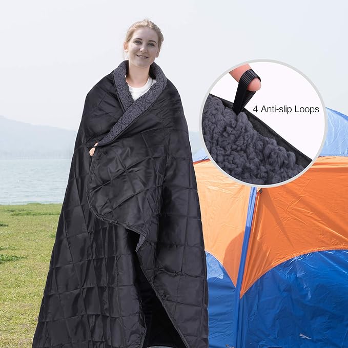 REDCAMP 79"x79" Large Warm Camping Blanket Waterproof & Windproof with Fleece Lining, Outdoor Blanket for Cold Weather Stadium Picnic Travel, Machine Washable Black