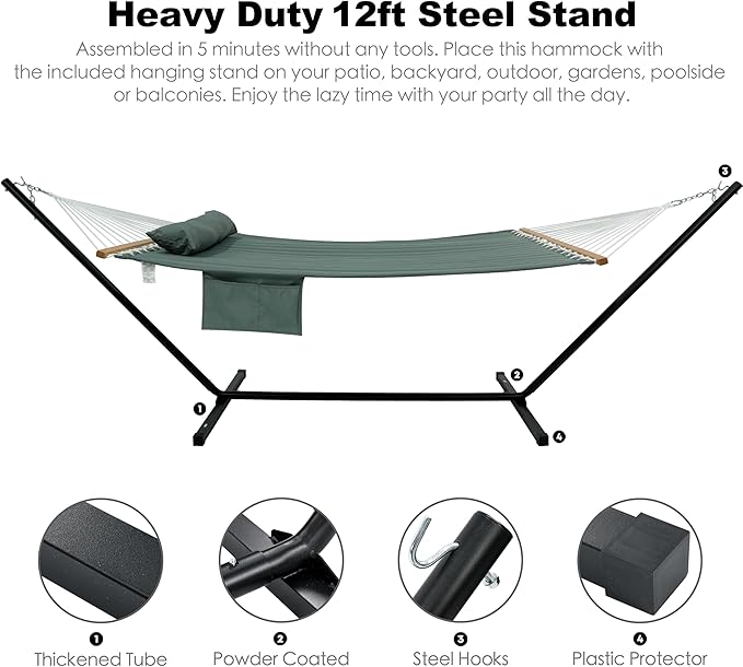 GAFETE 2 Person Hammock with Stand for Outside, Heavy Duty Steel Stand, Double 55inch Hammocks, Large Removable Pillow, Storage Bags, Max 475 lbs Capacity (Mist Green)