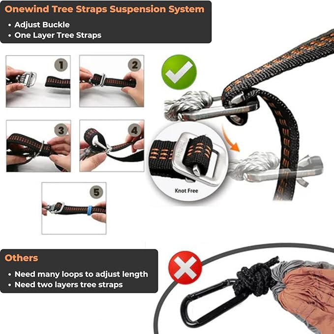 Onewind 11ft Ultralight Camping Hammock, Portable Hammock with 2 * 12Ft Tree Straps, 40D 1.7oz Nylon Ripstop Lightweight Hammock for Camping Hiking Backpacking, 11' x 55" Dark Grey