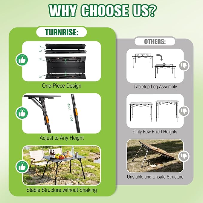 Portable Camping Table Foldable: No-Assembly Aluminum Folding Camping Table with Height Infinitely Adjustable & Carry Bag - Camp Table for Camping, Picnic, Beach, RV, BBQ