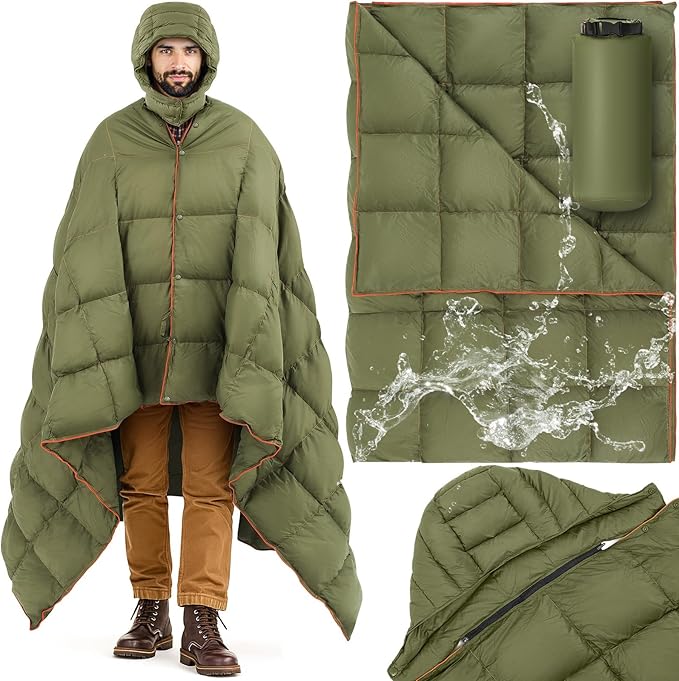HunnmingRe Upgraded Hooded Down Camping Blanket Waterproof 650 Fill Puffy Poncho Blanket 77" x 50" Packable Wearable Sleeping Bag with Detachable Hat Outdoor Stadium Camping, 1.36 lb(Olive Green)