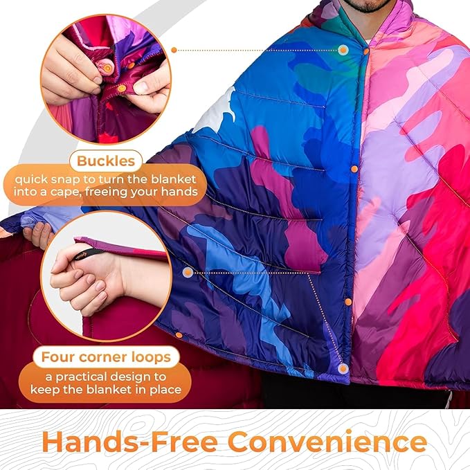 KingCamp Ultralight Camping Blanket, Packable Down Alternative Puffy Printed Wearable Blanket with Snap Buttons & Corner Loops Weatherproof Quilt for Outdoor Travel Stadium (79" L x 57" W, Colorful)