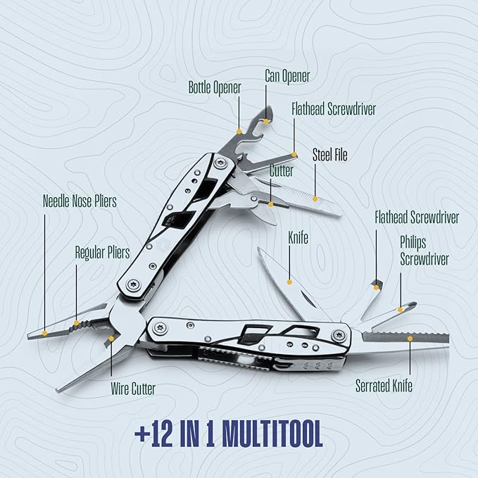Multitool Plier - 12 In 1 Stainless Steel Pocket Multi Tool With Durable Sheath For Camping, Survival Gear - Safety Locking Camping Accessories With Cutter, Bottle Opener, Screwdriver by Hayvenhurst