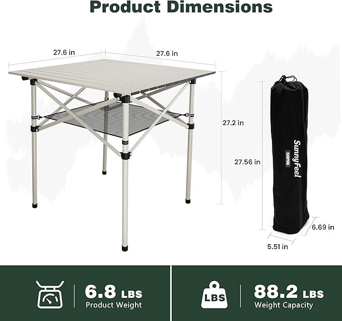 SUNNYFEEL Aluminum Folding Table for Camping, Lightweight Roll Up Top, Portable Camp Tables with Carry Bag for Outdoor Picnic (Square, Gray)