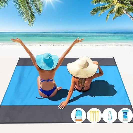 Famstar Beach Blanket Oversized Extra Large 10'X 9',Waterproof Sandproof Beach Blanket 2-8 Adults Lightweight Durable for Travel Camping Hiking Picnic (10'X 9', Blue&Grey)