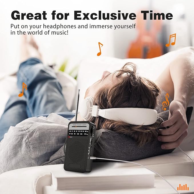 Portable Radio AM FM with Best Reception, Goodes Transistor Radio with Loud Speaker, 2AA Battery Operated, Headphone Jack for Indoor, Outdoor and Emergency Use-Black