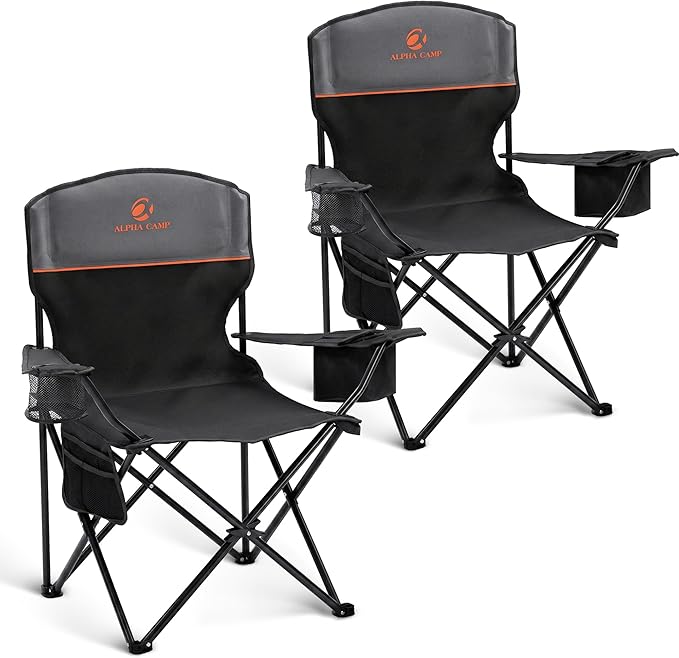 ALPHA CAMP Camping Chairs 350LBS Capacity, Heavy Duty Folding Chair with 4-Can Cooler Bag, Portable Outdoor Chair with Cup Holder for Adults, Collapsible for Tailgating, Beach, Fishing,Black,2PC