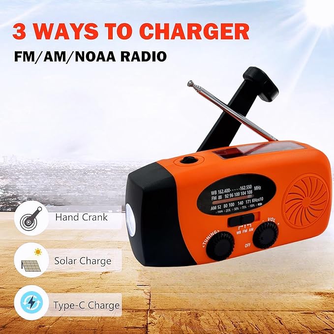 iRonsnow Solar Emergency Hand Crank Weather Radio, Portable Self Powered NOAA AM/FM Radios with SOS Alarm LED Flashlight 5000mAh Smart Phone USB Charger for Camping (Orange)