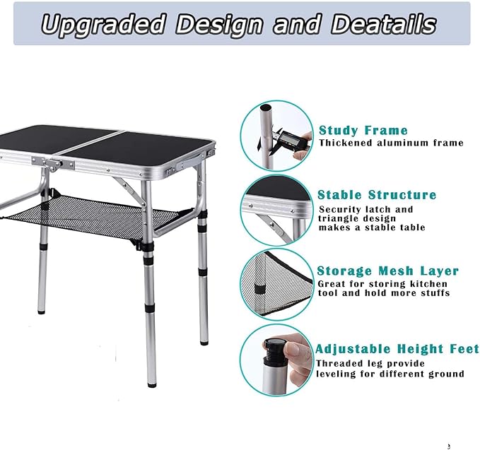 YihuiKo Folding Camping Table, Adjustable Height Folding Table, Portable Aluminum Small Folding Table with Carry Handle for Picnic, BBQ, Indoor, Office