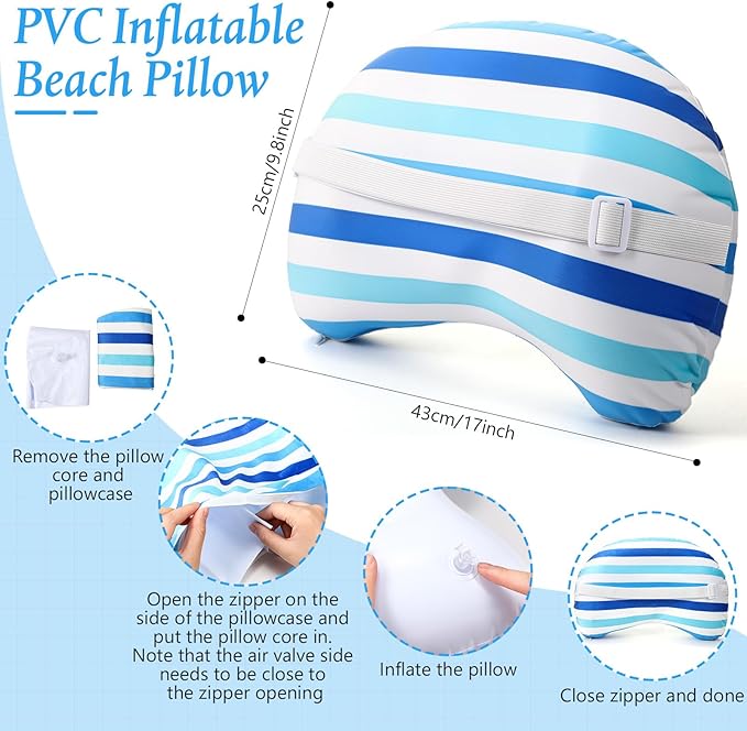 Yaomiao Inflatable Beach Pillow 17"x10" with Removable Cover, Beach Chair Stripe Backpacking Pillow with Strap for Summer Sand Pools Travel Vacations Pools Camping