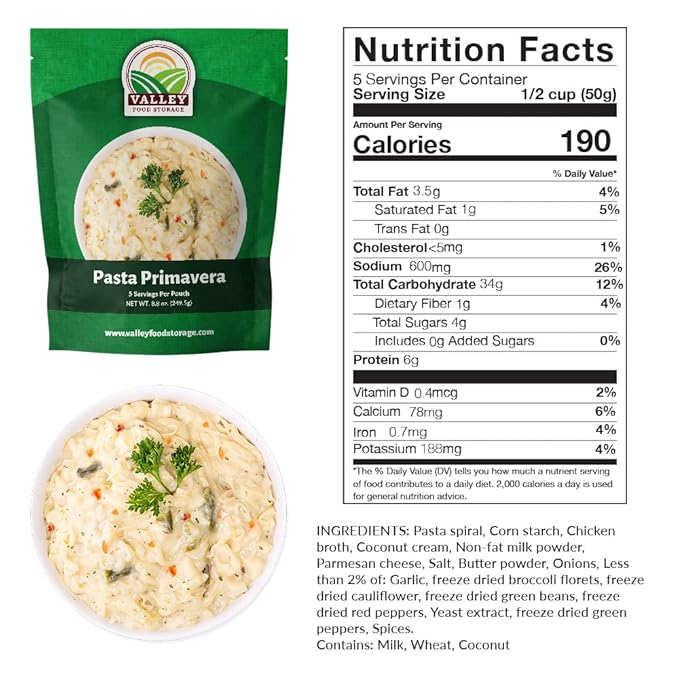 Valley Food Storage Pasta Primavera | 10-Bag Bucket, 50 Servings | Non-GMO Premium Emergency Food Supply, 25 Year Shelf Life | Survival Meal Kits, Prepper Food & Off-Grid Living Supplies, Packaged in USA