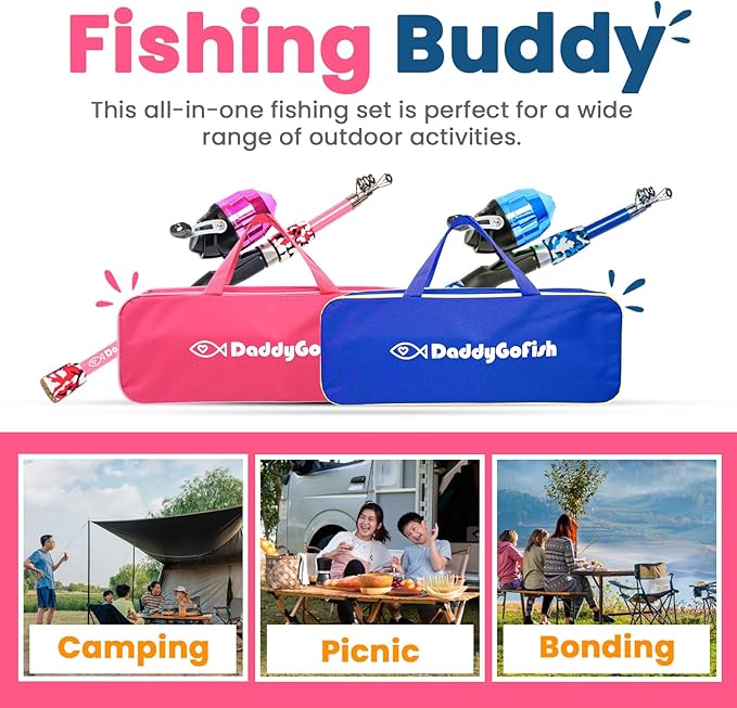 DaddyGoFish Kids Fishing Pole - Rod Reel Combo Tackle Box Starter Set - First Year Small Dock Gear Kit for Boys Girls Toddler Youth Age Beginner Little Children Junior Anglers