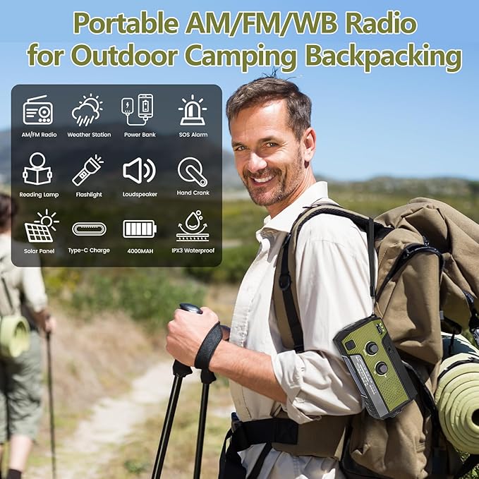 4000mAh/14800mWh Emergency Radio, Solar Hand Crank Emergency Radio - NOAA Weather Radio with AM/FM/NOAA Weather Alert, Reading Lamp, Flashlight, Cell Phone Charger and SOS Siren (Army Green)