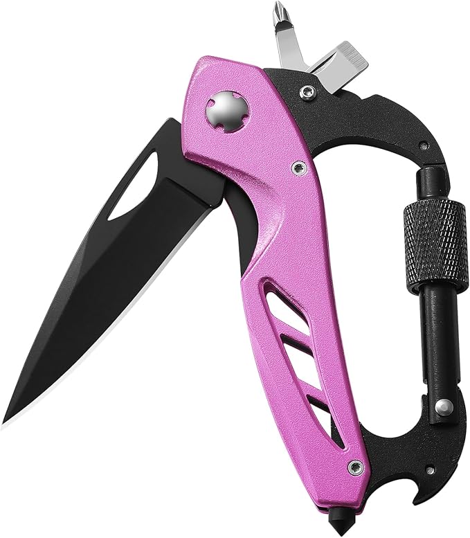 Pink Multitool Carabiner Knife for Women Men,Survival Gear for Camping Hiking，EDC Carabiners, 6-in-1 Multi Tools with Window Breaker, Bottle Opener and Screwdriver,Gifts for Women/Men (Pink)