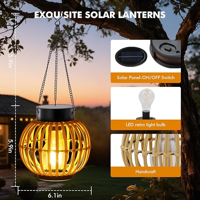 Solar Lanterns Outdoor Lights Waterproof -2 Pack Hanging Hand-Woven Lanterns, Garden Decor Gifts, Outdoor Solar Table Lamp Camping Lights, Garden, Yard, Porch, Patio Balcony, Backyard Outdoor Decor