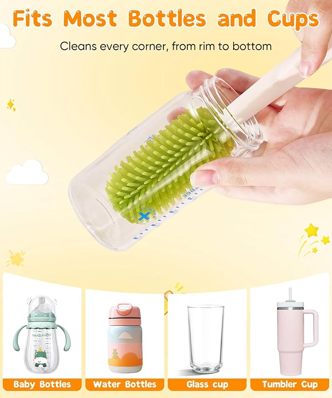 Bottle Cleaning Brush Set 4 in 1, Baby Bottle Cleaner Includes Silicone Bottle Brush, Nipple Brush, Detail Brush & Straw Brush, Portable Long Handle Bottles Scrubber Cleaning Tool, Dishwasher Safe
