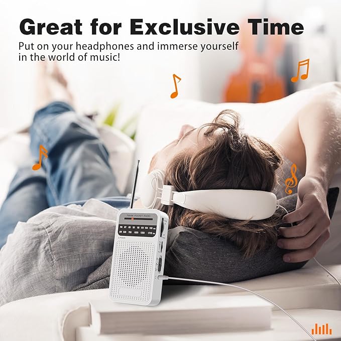 Portable Radio AM FM with Best Reception, Goodes Transistor Radio with Loud Speaker, 2AA Battery Operated, Headphone Jack for Indoor, Outdoor and Emergency Use - White