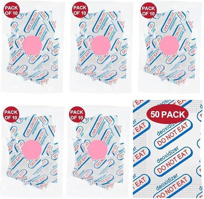 50 Packs 500CC Food Grade Oxygen Absorbers （10 Packs in Individual Vacuum Bag, 5X Packs of 10, Oxygen Absorbers For Long Term Food Storage, with Oxygen Indicator, for Mylar Bags, Mason Jars