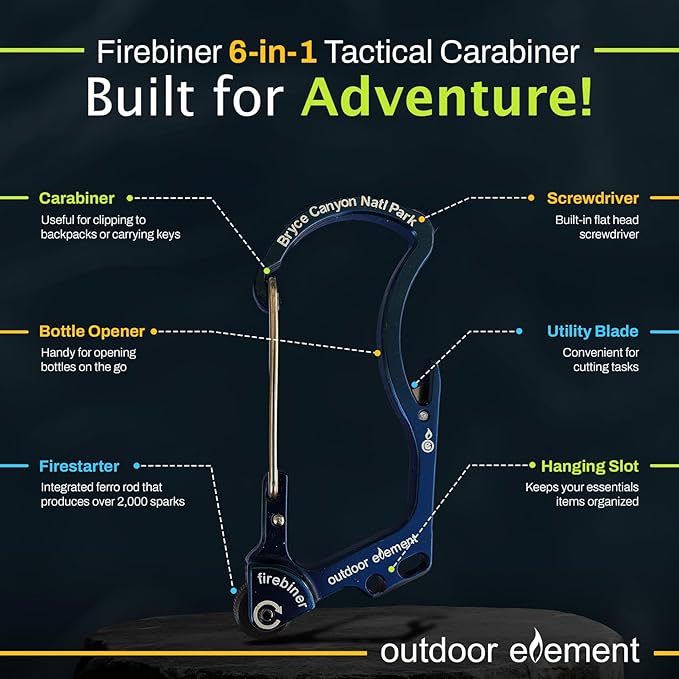 OUTDOOR ELEMENT Firebiner Custom Engraved 6-in-1 Fire Starter Carabiner Multitool – Survival Gear EDC Keychain with Utility Blade, Bottle Opener, Screwdriver, Emergency Tool