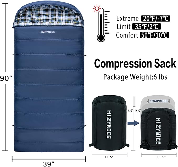 HiZYNICE Cold Weather Sleeping Bag 100% Cotton Flannel XXL for Adults Big and Tall,Free Compression Sack