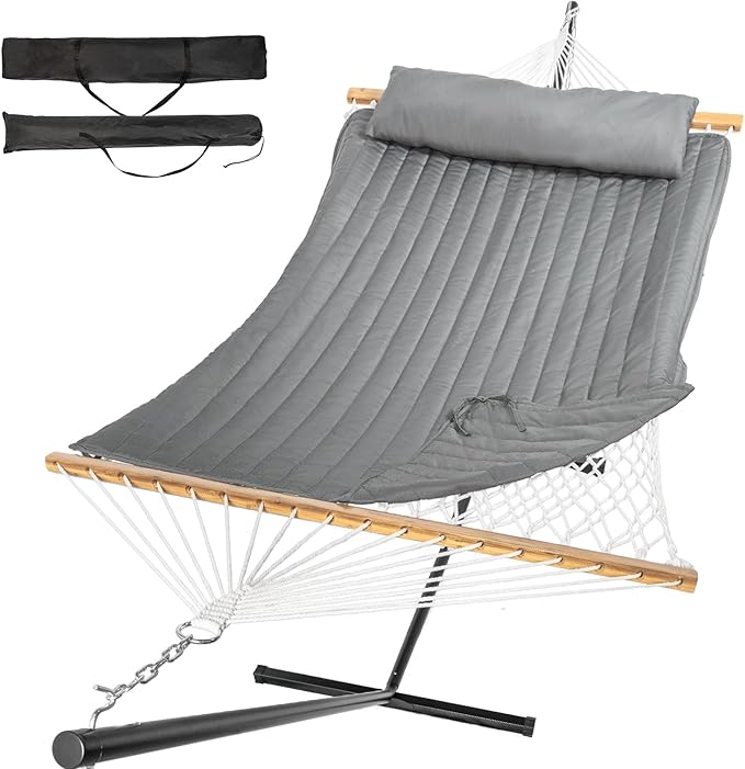 Everyfun 2 Person Outdoor Hammock with Stand, Cotton Rope Hammock with Polyester Pad, Adjustable Steel Frame, Portable with Carrying Bag – for Patio, Backyard, Garden, Beach, Urban-Gray